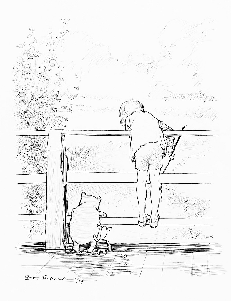 Young person leans on a wooden railing, gazing at a grassy field; a stuffed bear and a small toy lie on the ground nearby.