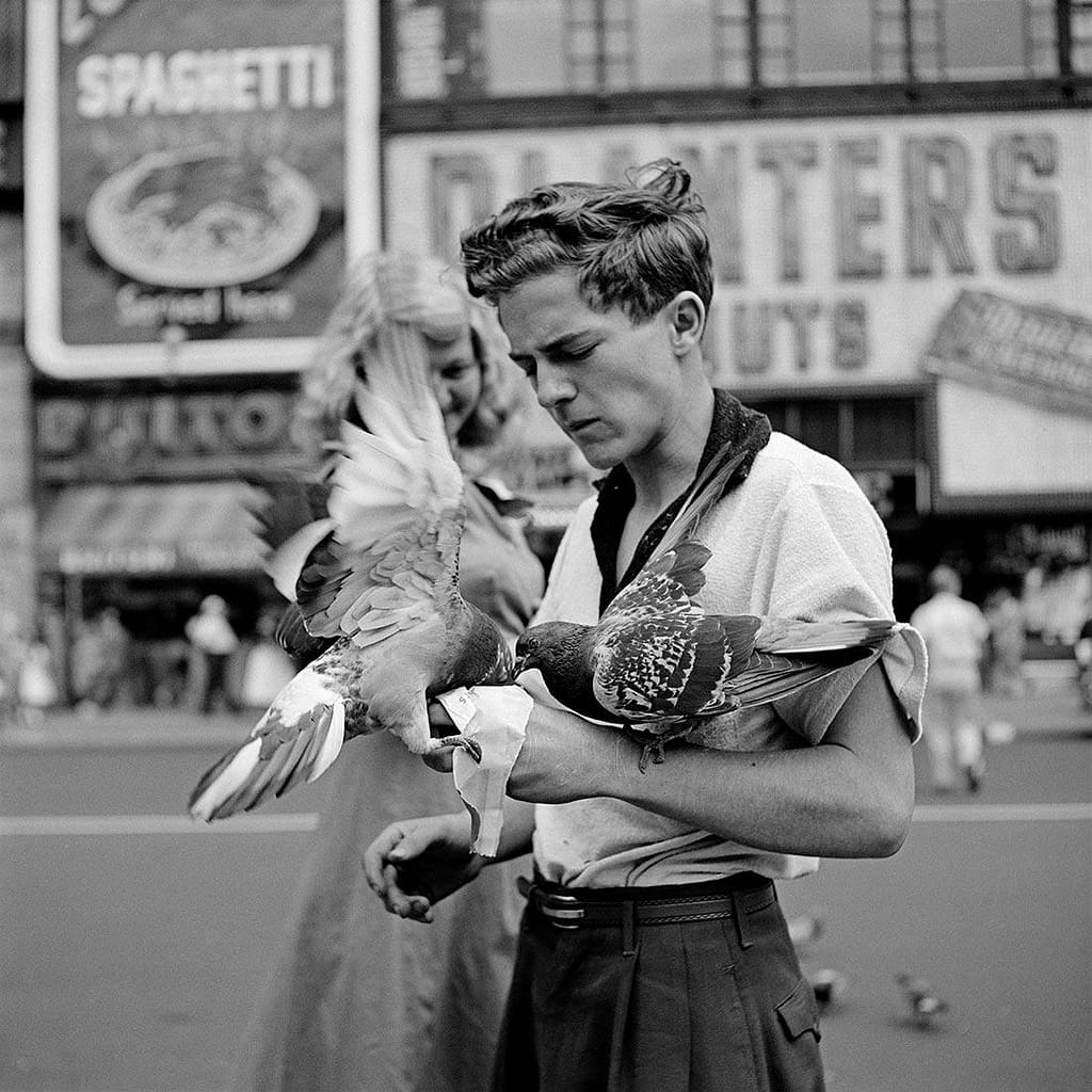 Young man in a light shirt holds two pigeons in a busy city street, storefront signs in the background.